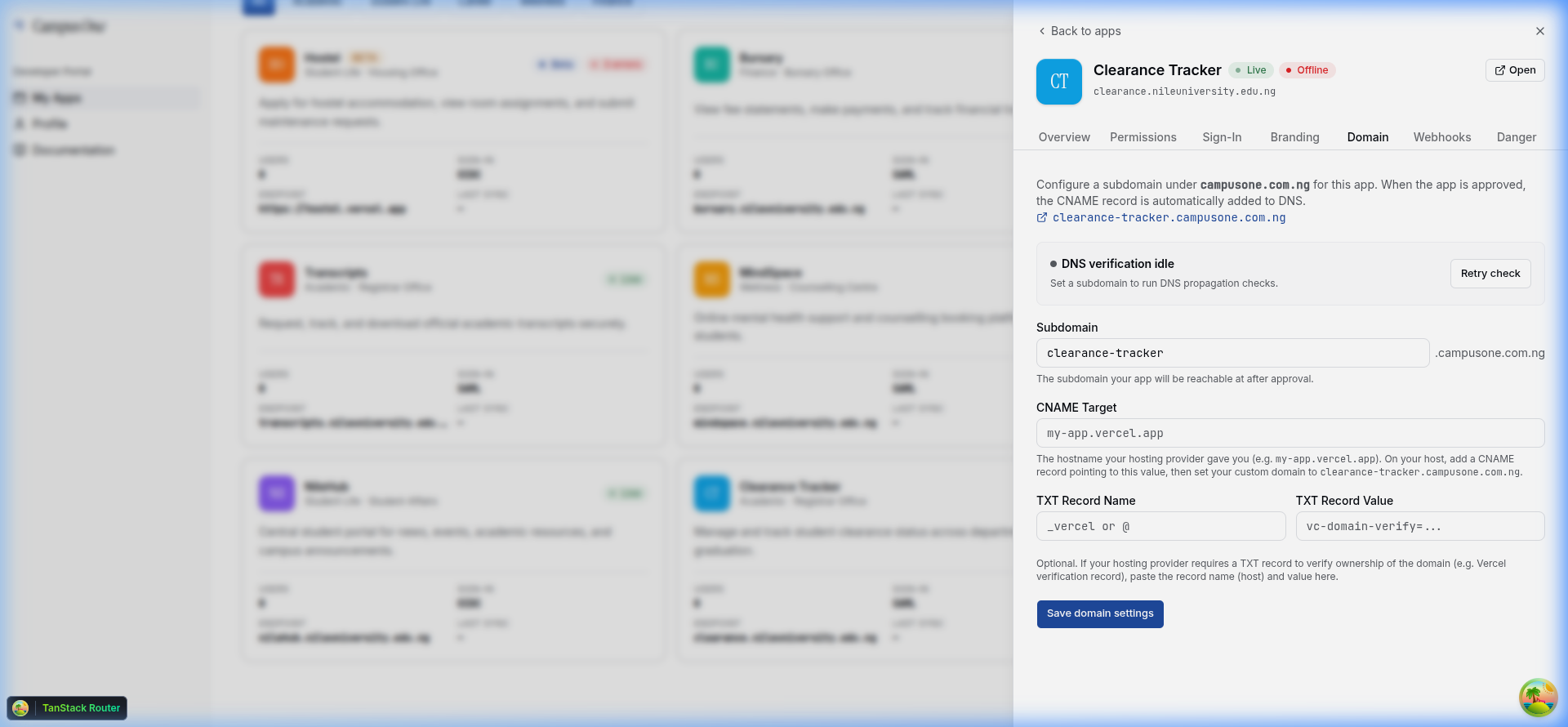 App Drawer: Custom Domain Tab