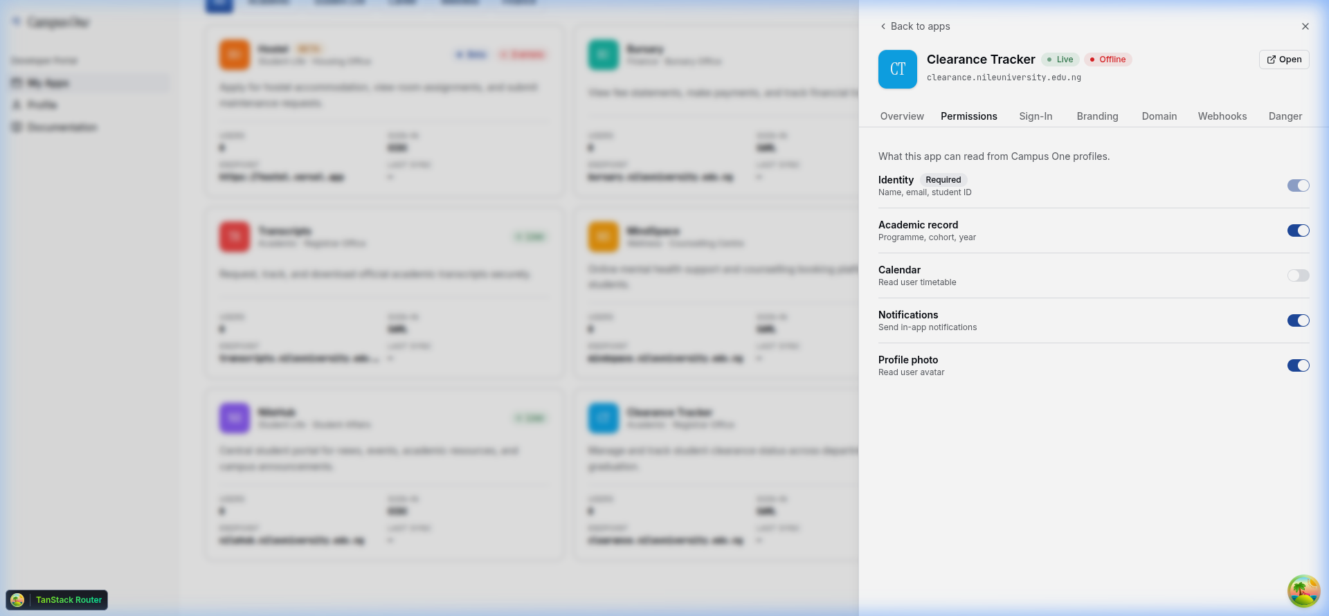App Drawer: Permissions Tab
