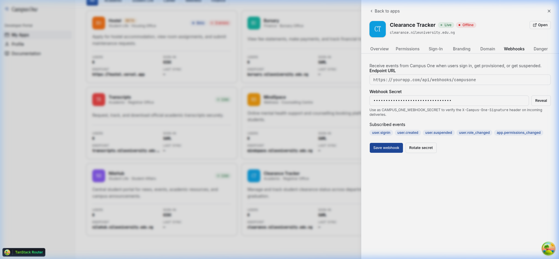 App Drawer: Webhooks Tab